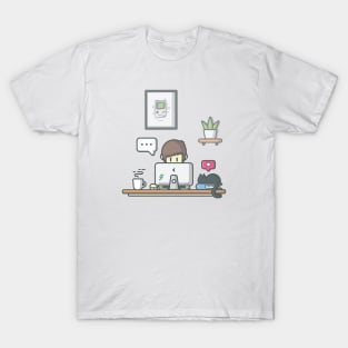 Man working on laptop with cat T-Shirt